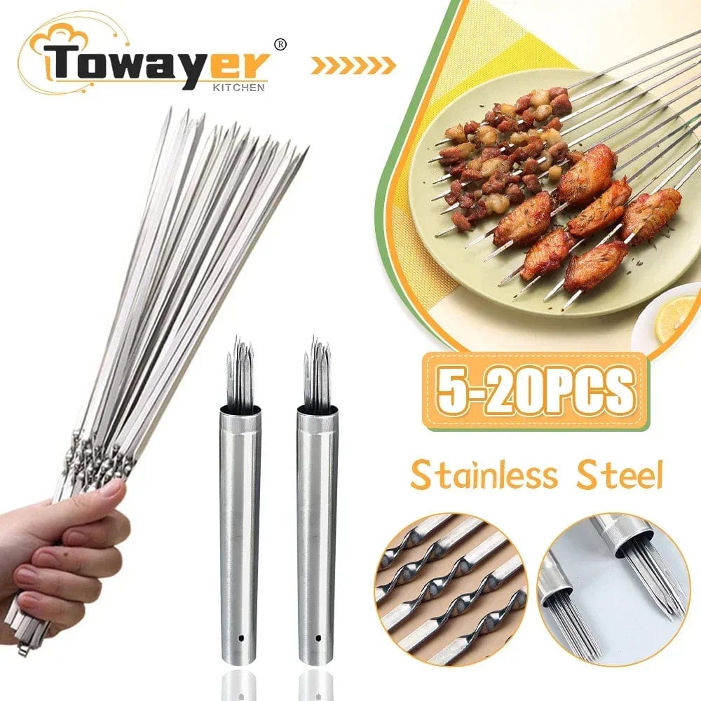 5/20Pcs Stainless Steel Barbecue Skewer Reusable BBQ Skewers Kebab Iron Stick For Outdoor Camping Picnic Barbecue Skewers Tools