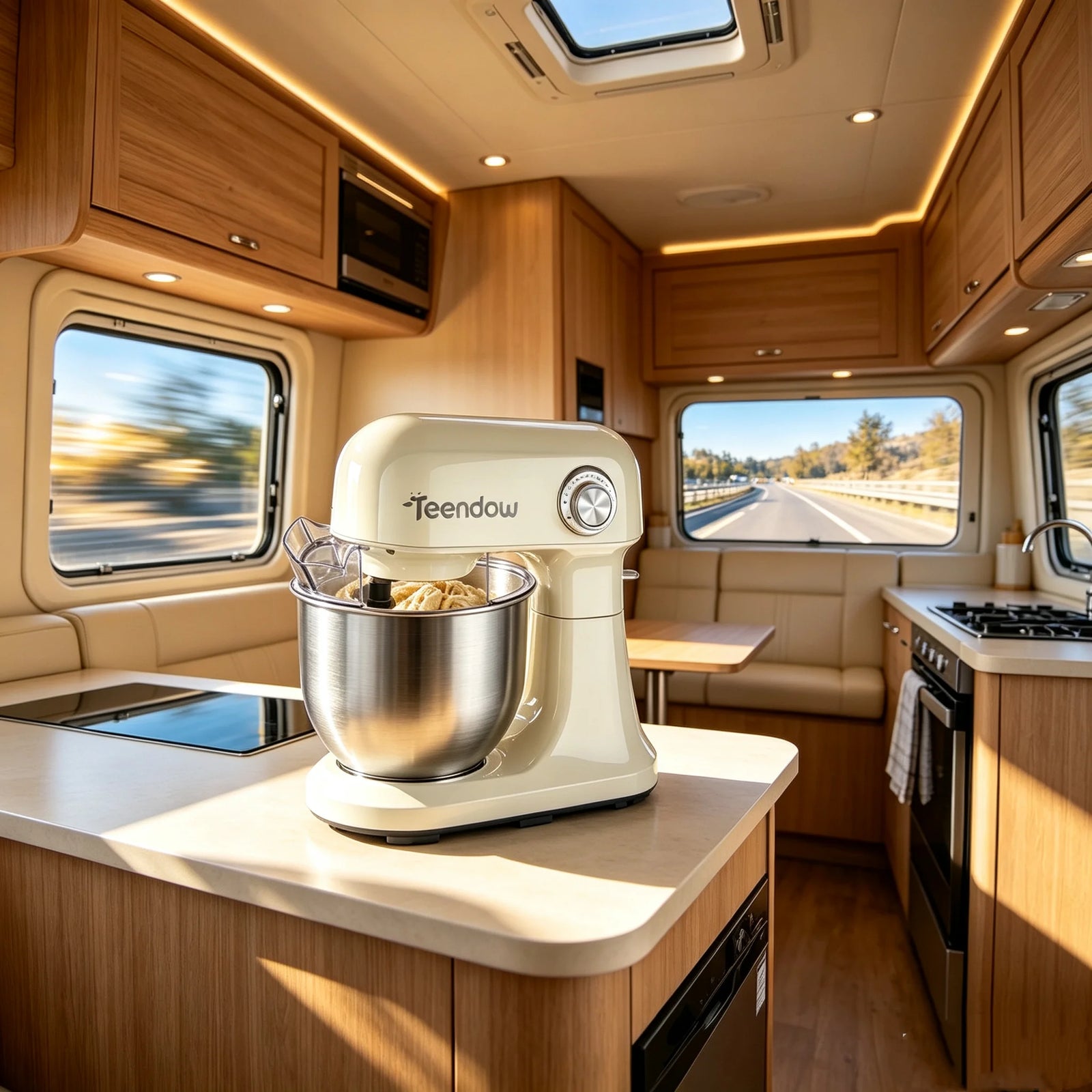 Robot pâtissier blanc crème dans une cuisine de camping-car