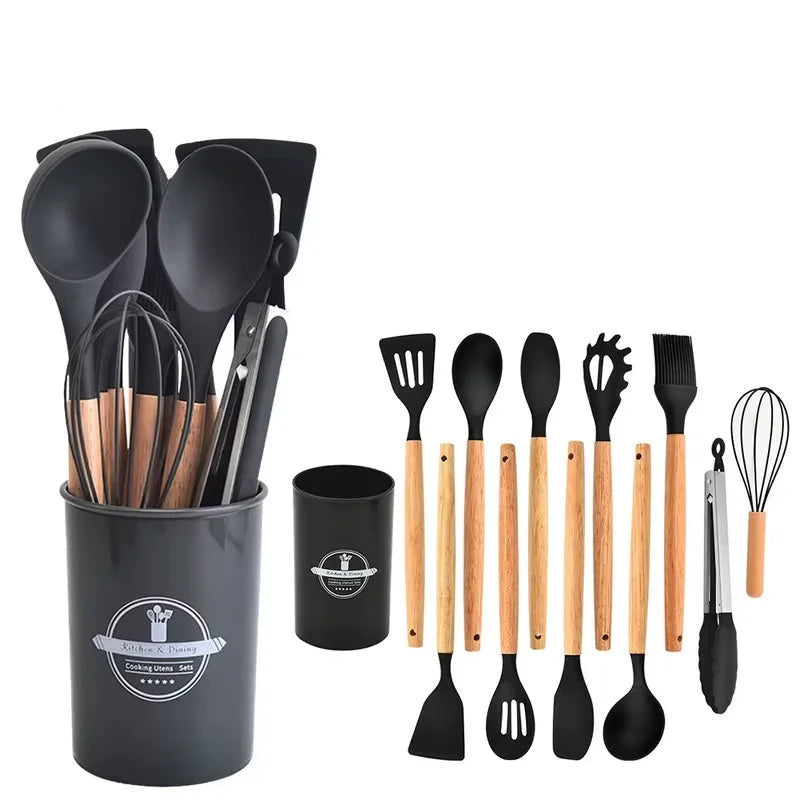 Set Ustensiles Silicone 12 Pièces | Résistant à la Chaleur avec Support