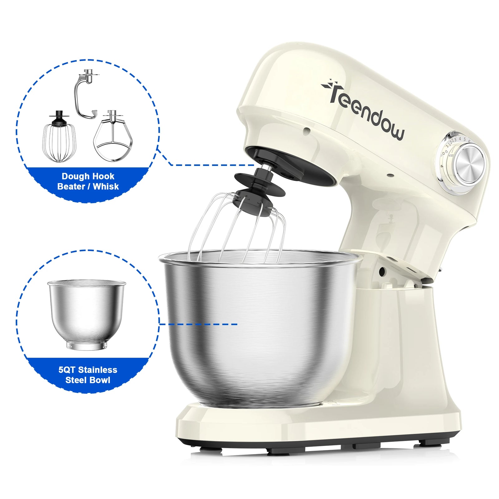 Robot pâtissier blanc crème, bol inox 4,7 L et accessoires