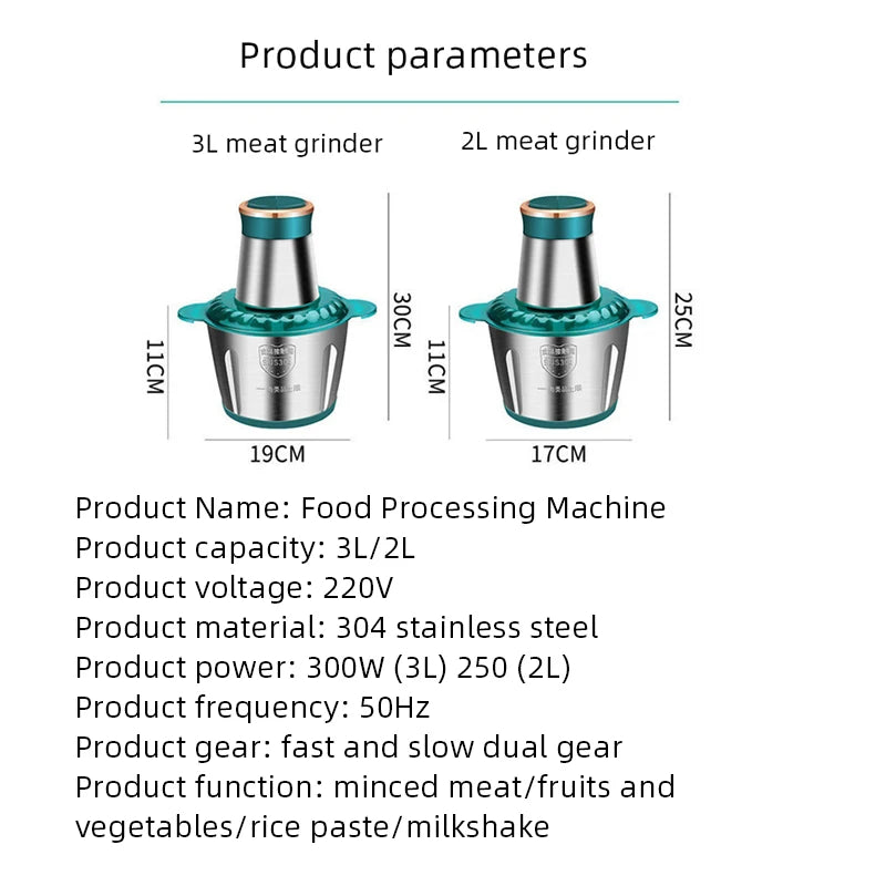 Hachoir Électrique Multifonction 3L Inox 304 — 300 W, 2 Vitesses, 4 Lames