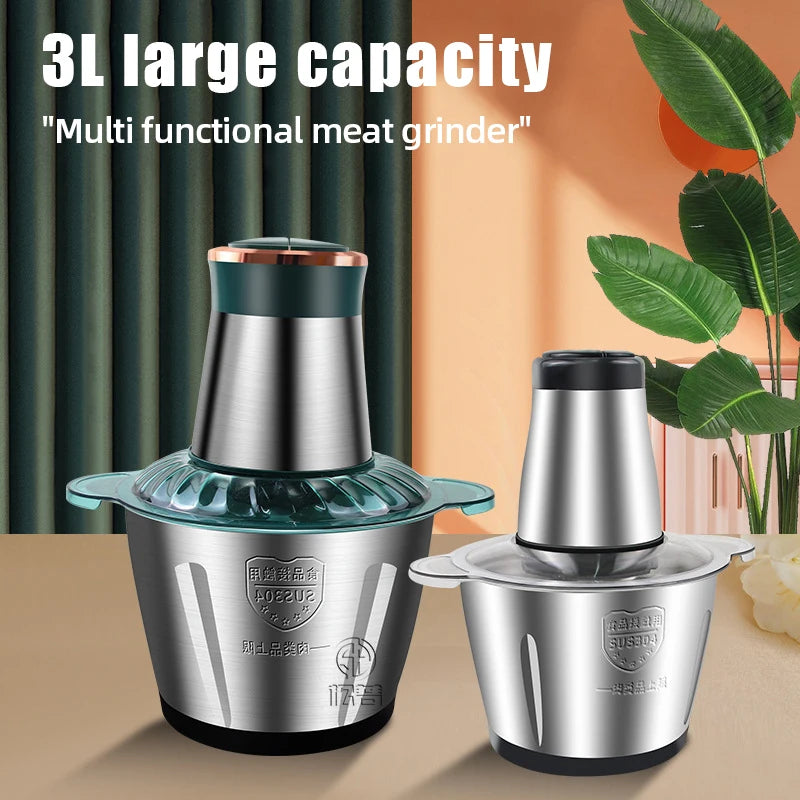 Hachoir Électrique Multifonction 3L Inox 304 — 300 W, 2 Vitesses, 4 Lames