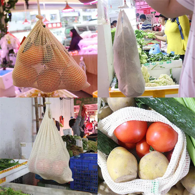 Sacs Filet en Coton Réutilisables - Lot de 5 Pièces Écologiques
