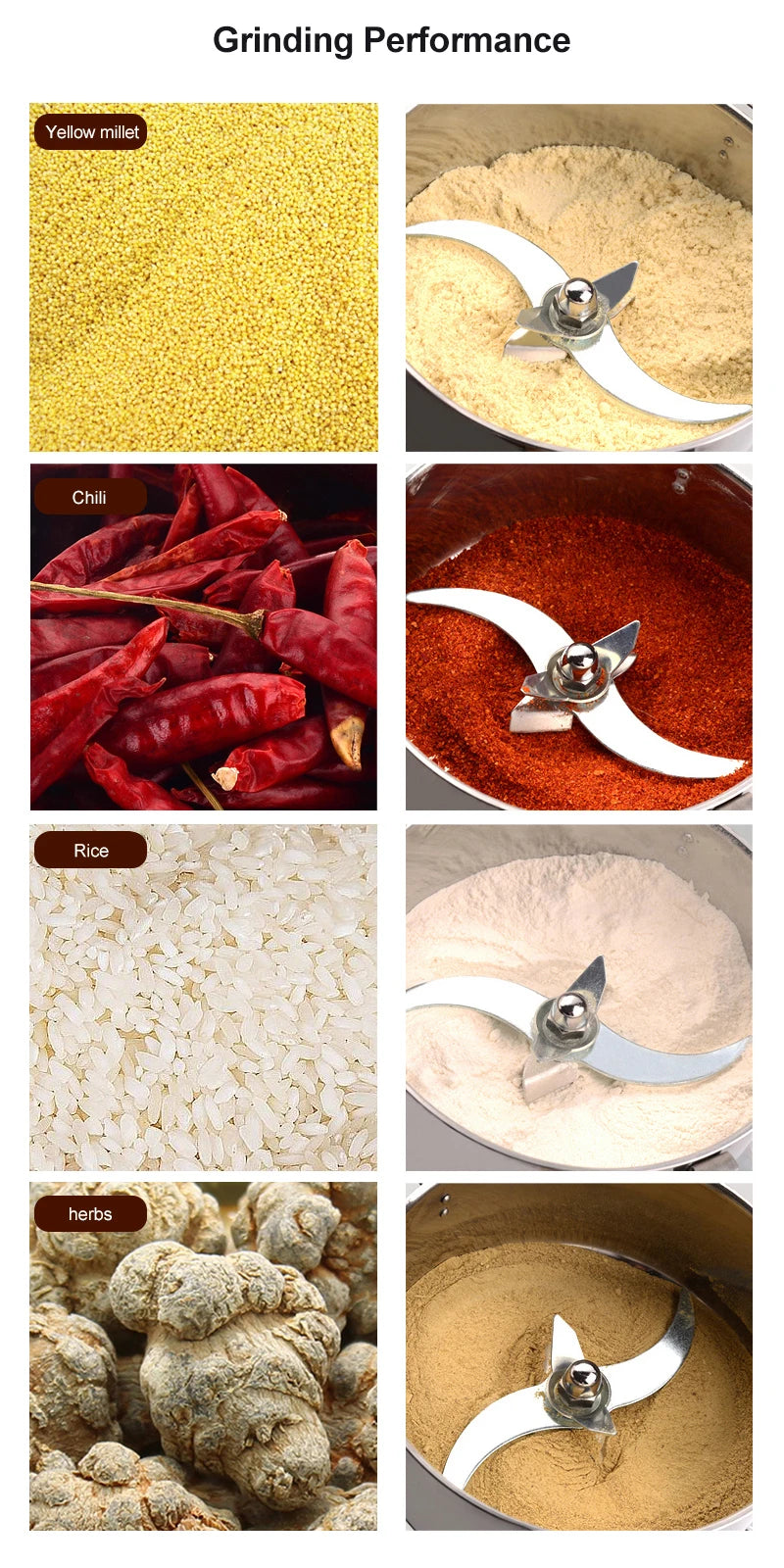 Millet, piment, riz et racines avant et après broyage