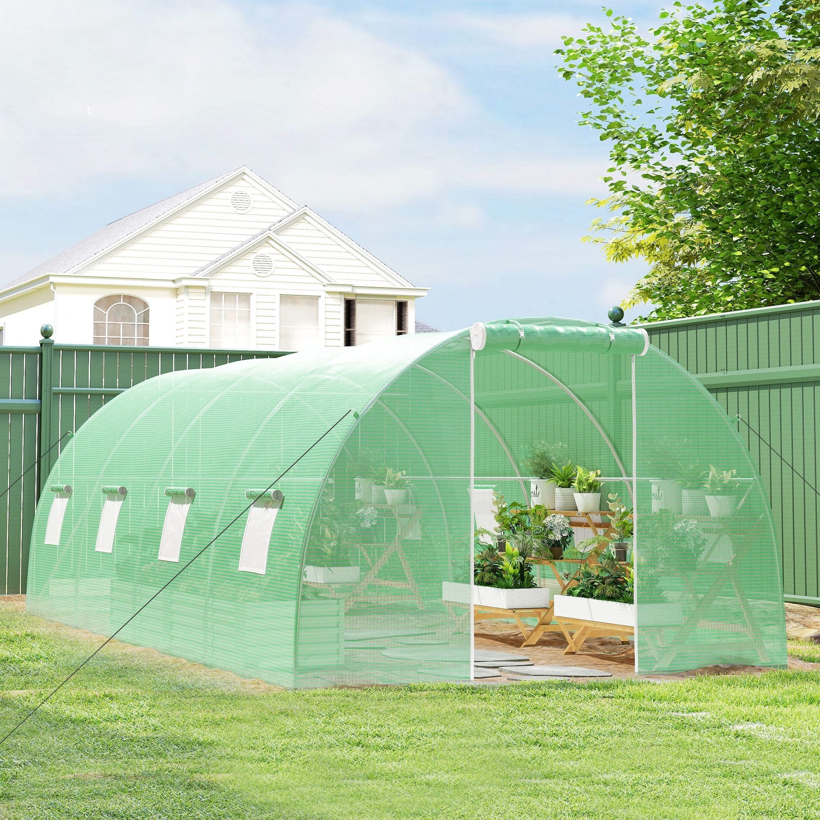 Serre Tunnel de Jardin 18 m² (6 × 3 × 2 m) – 8 Fenêtres, Porte Zippée, Acier Galvanisé & Bâche PE Anti-UV Serre de jardin