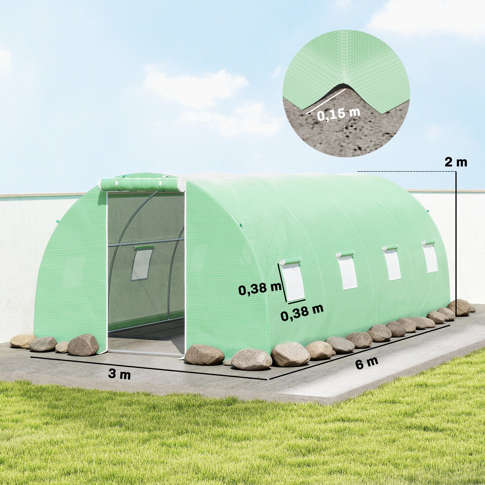 Serre Tunnel de Jardin 18 m² (6 × 3 × 2 m) – 8 Fenêtres, Porte Zippée, Acier Galvanisé & Bâche PE Anti-UV
