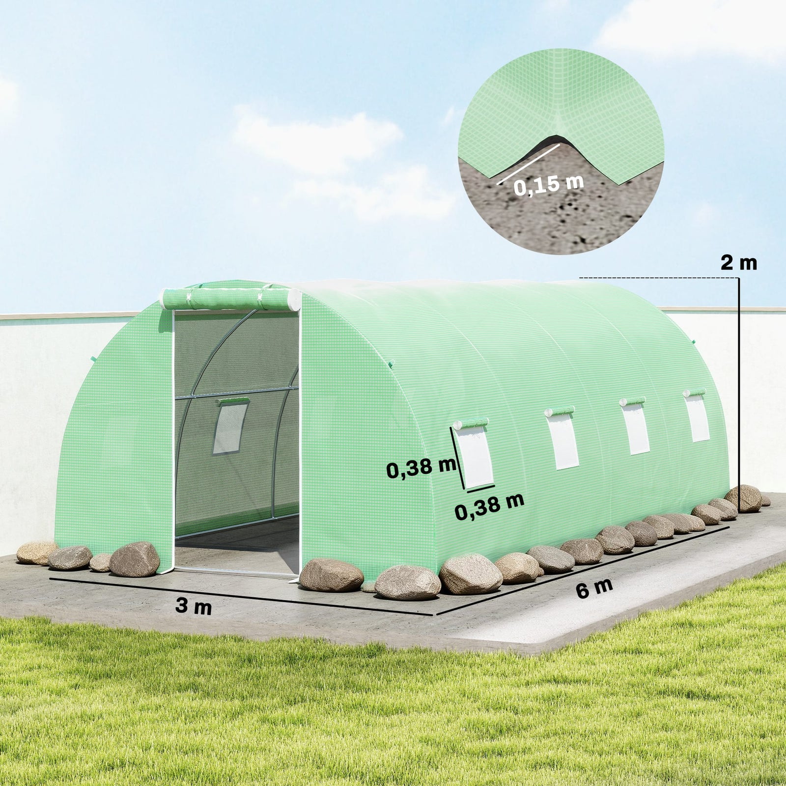 Serre Tunnel de Jardin 18 m² (6 × 3 × 2 m) – 8 Fenêtres, Porte Zippée, Acier Galvanisé & Bâche PE Anti-UV Serre de jardin