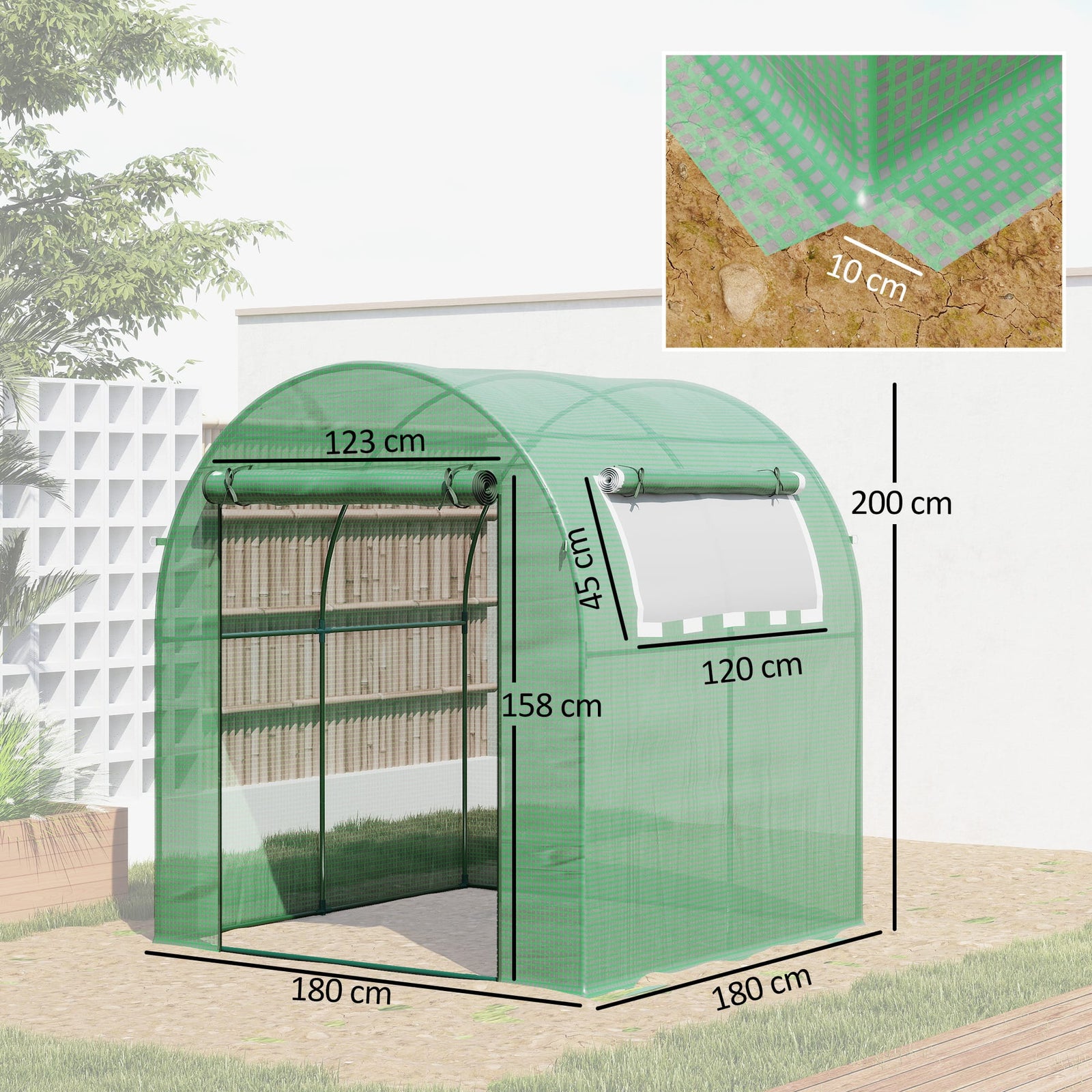 Serre de Jardin Tunnel 180 x 180 x 200 cm – Acier ; Bâche PE, Porte et Fenêtre Enroulables Serre de jardin