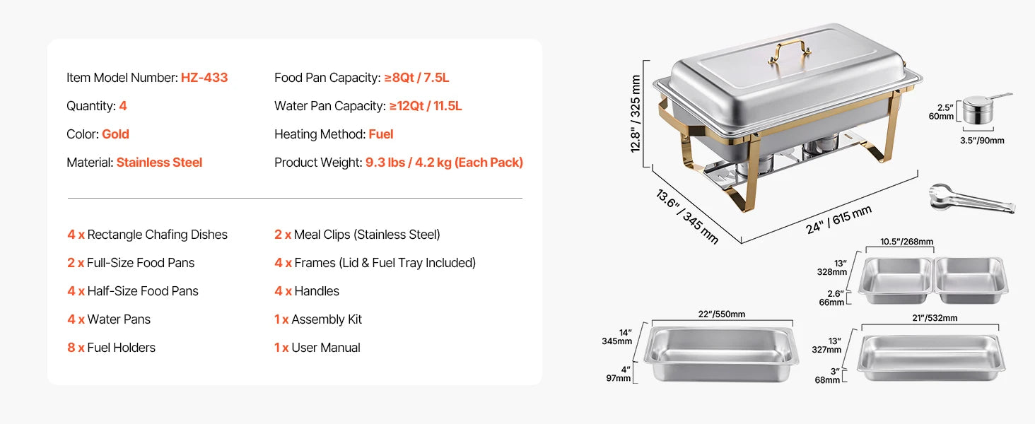 Dimensions et contenu du lot de chafing dishes doré