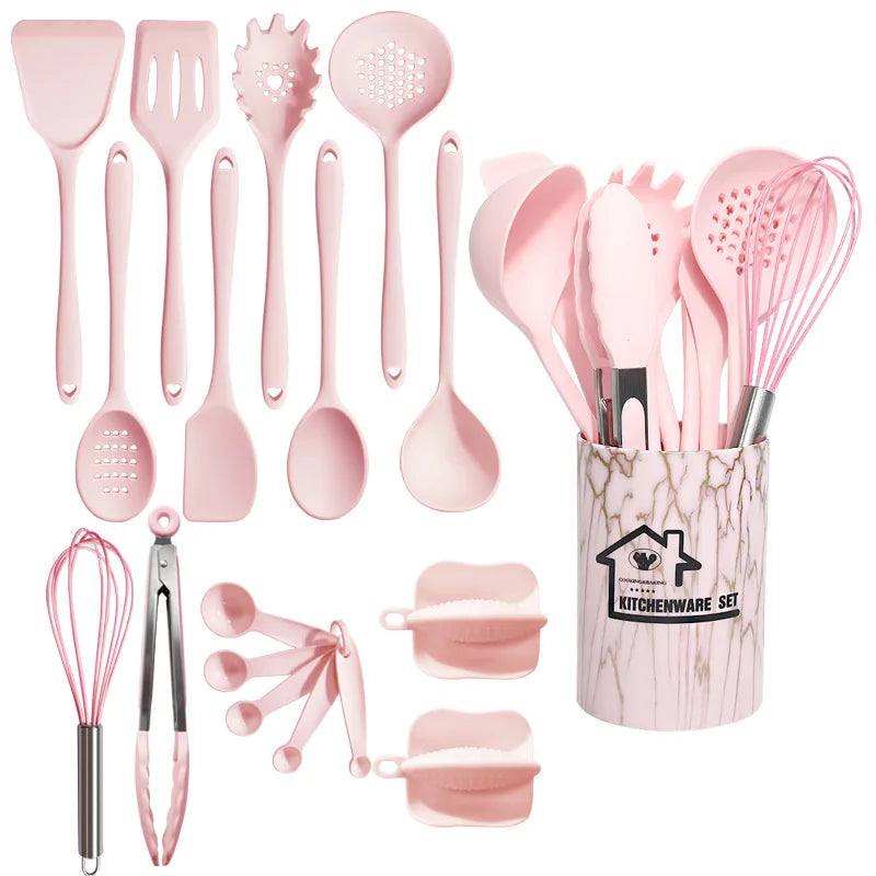Set Ustensiles Silicone 18 Pièces Pratiques pour Cuisine Rosa