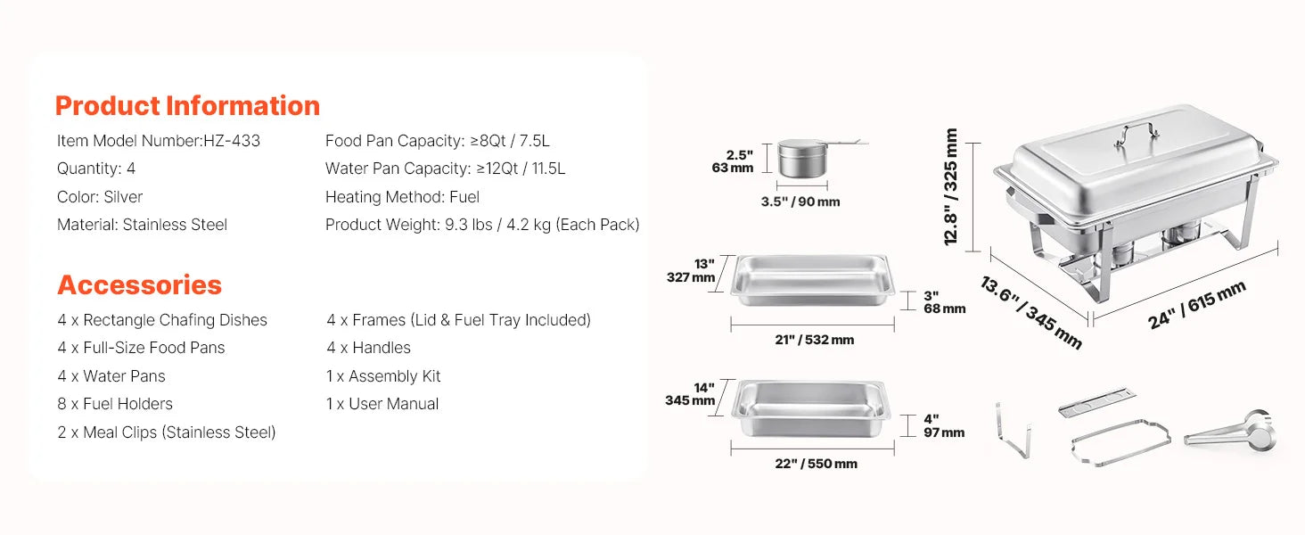 Dimensions et contenu du lot de chafing dishes argenté