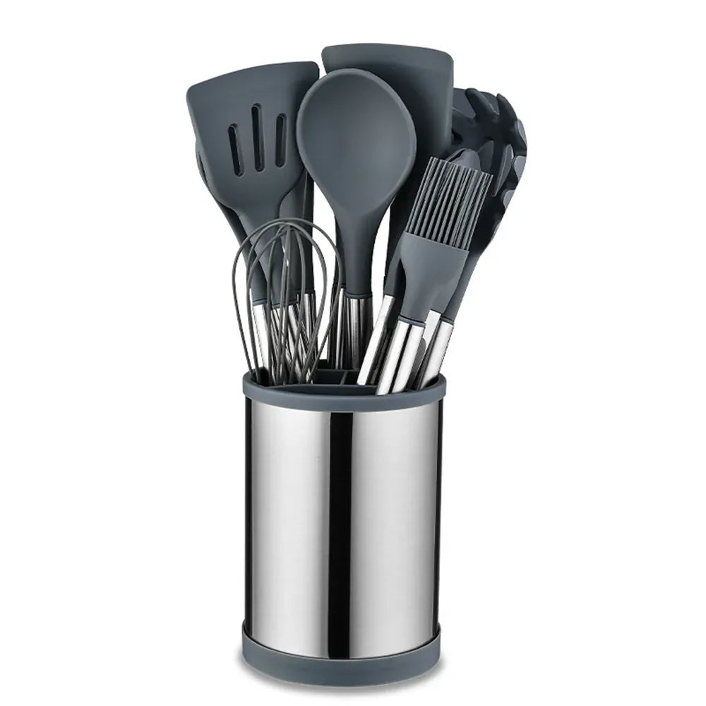 Set d'ustensiles de cuisine en silicone avec poignées en acier inoxydable