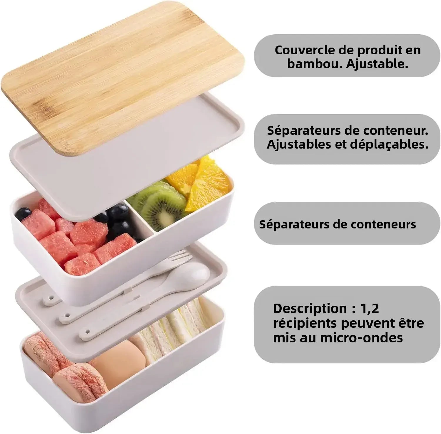 Bento 2 Étages en Bambou et Plastique | Boîte de Rangement Alimentaire Bento