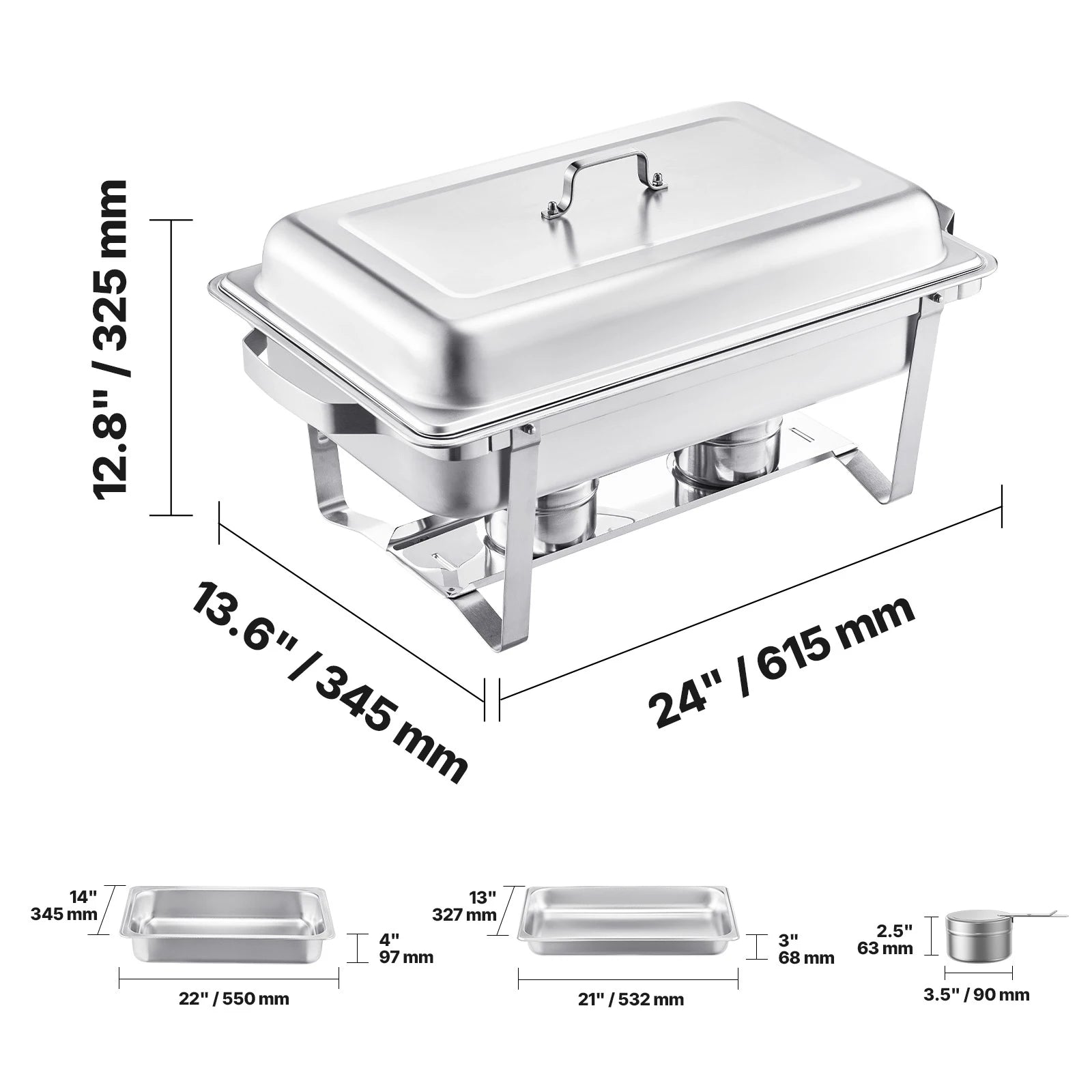 Dimensions du chafing dish argenté et de ses bacs