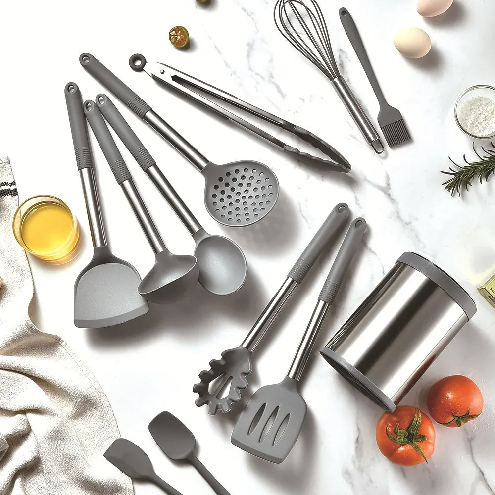 Set d'Ustensiles de Cuisine en Silicone avec Support Rotatif 360° - 12 pièces