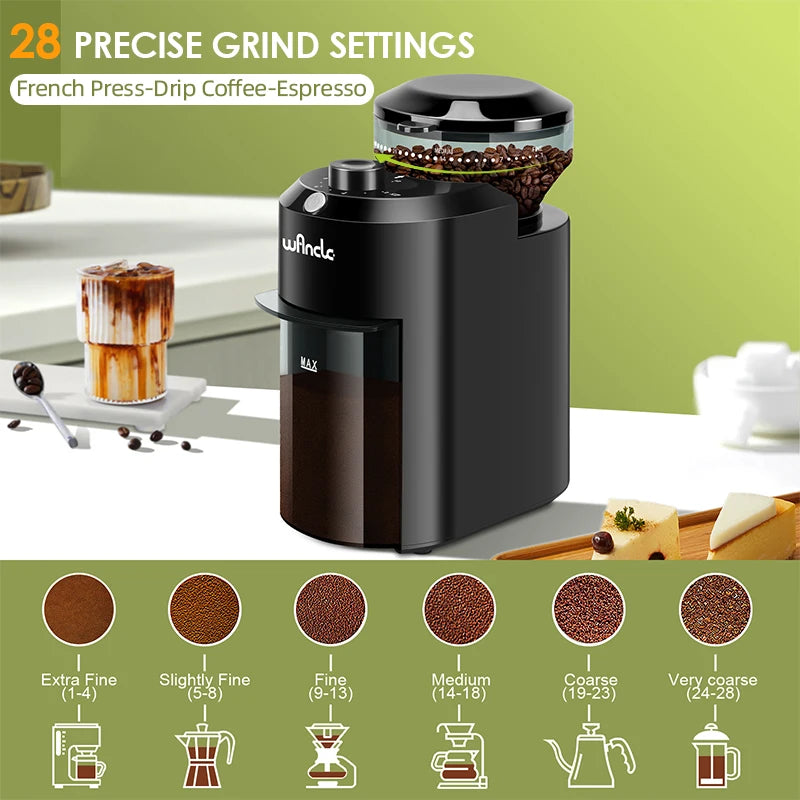 28 réglages de mouture, de l'expresso à la cafetière à piston