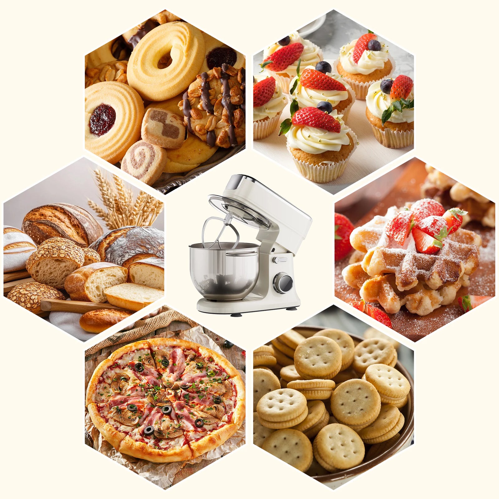 Pains, cupcakes, gaufres, pizza et biscuits préparés au robot pâtissier