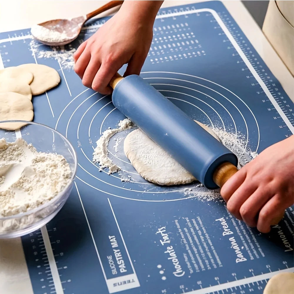 Rouleur à pâtisserie en silicone avec tapis de cuisson anti-adhésif - Idéal pour pâtes pizzas et biscuits
