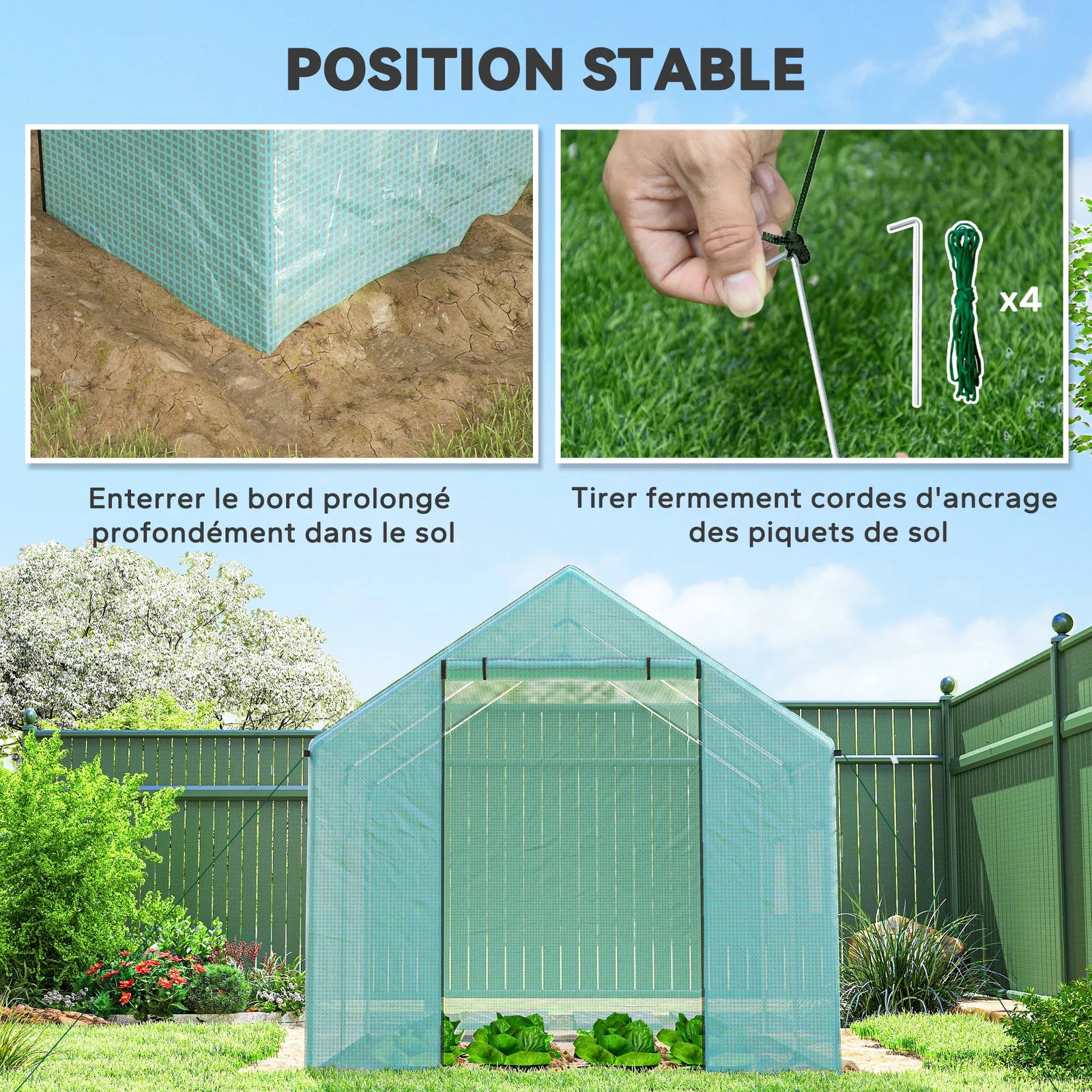 Serre de Jardin Tunnel 6 m² (2 × 3 m) — Bâche PE Anti-UV, 4 Fenêtres, Porte Enroulable, Armature Acier Galvanisé Serre de jardin