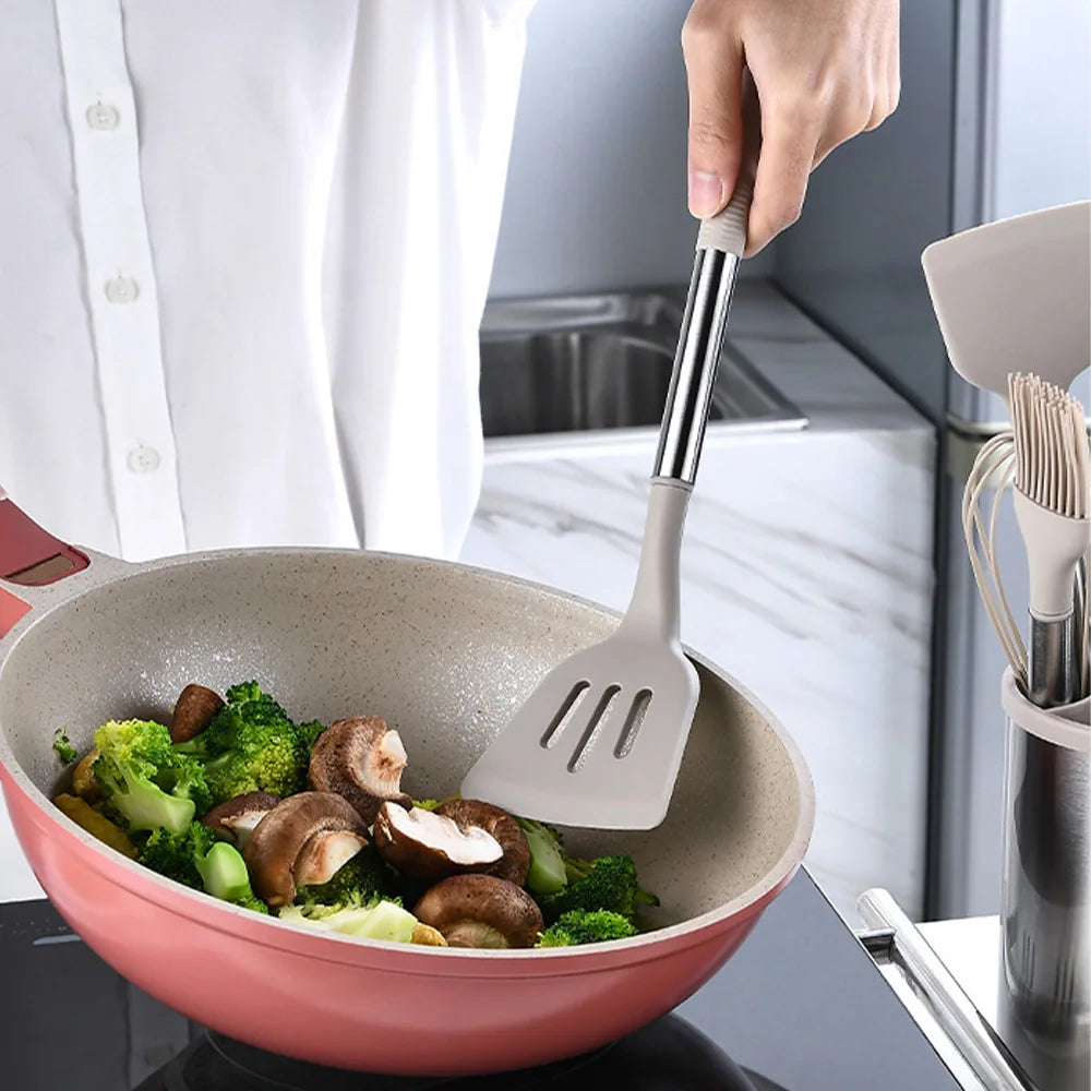 Set d'ustensiles de cuisine en silicone avec poignées en acier inoxydable