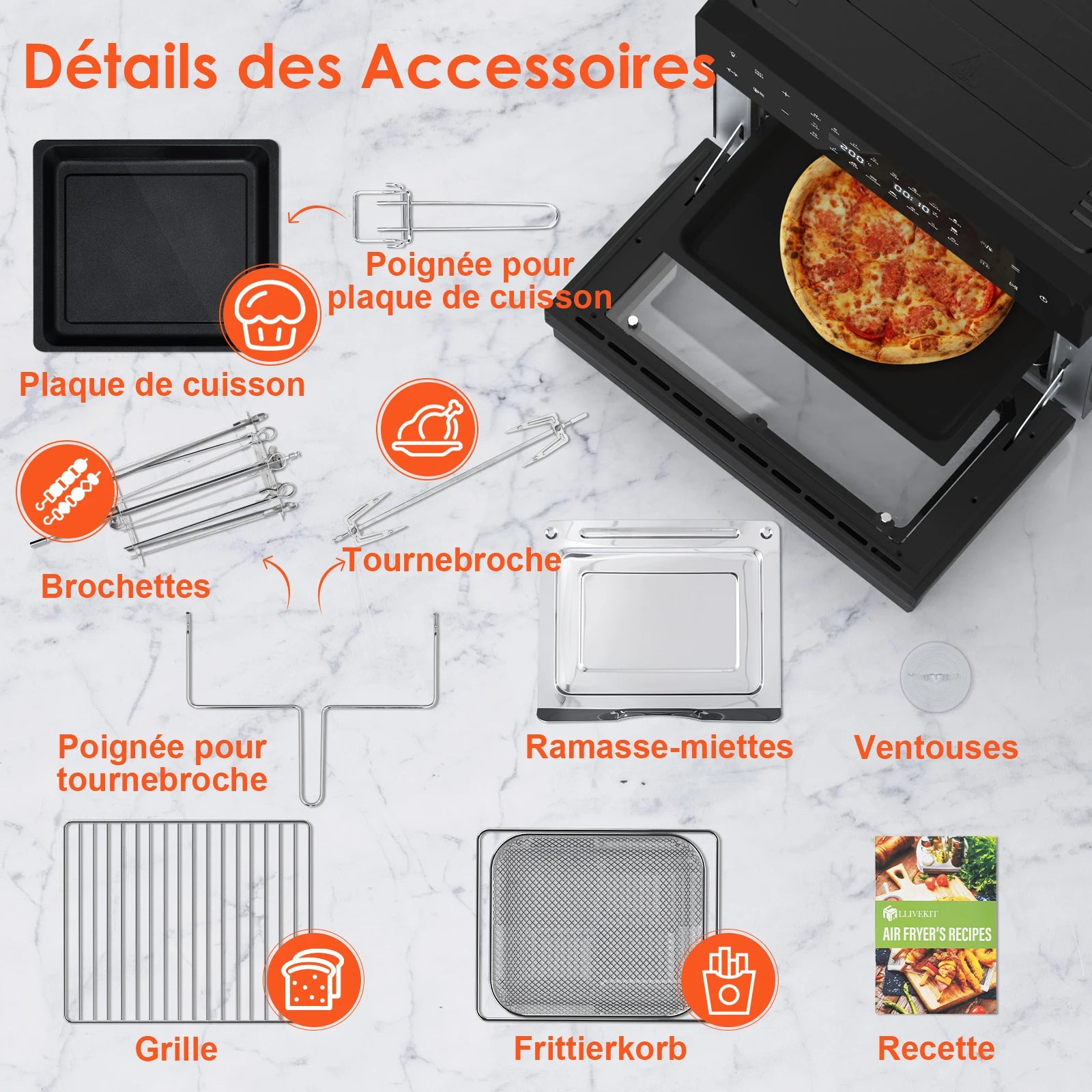 Accessoires du four air fryer 30 L : tournebroche, brochettes, gril et panier