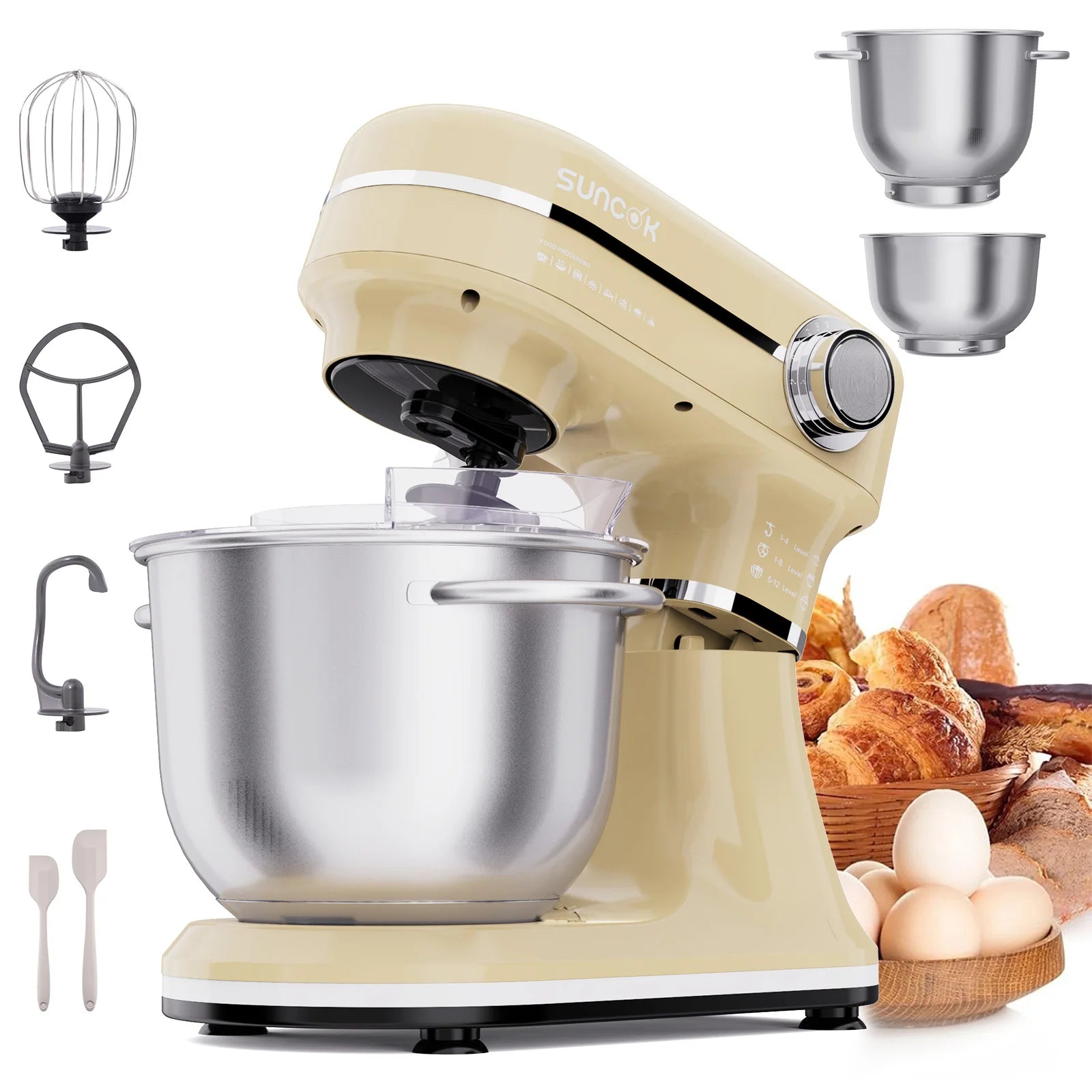 Robot pâtissier jaune clair avec 2 bols inox