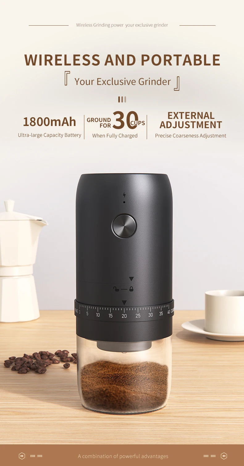 Moulin portable sans fil : batterie 1800 mAh, 30 tasses, réglage extérieur