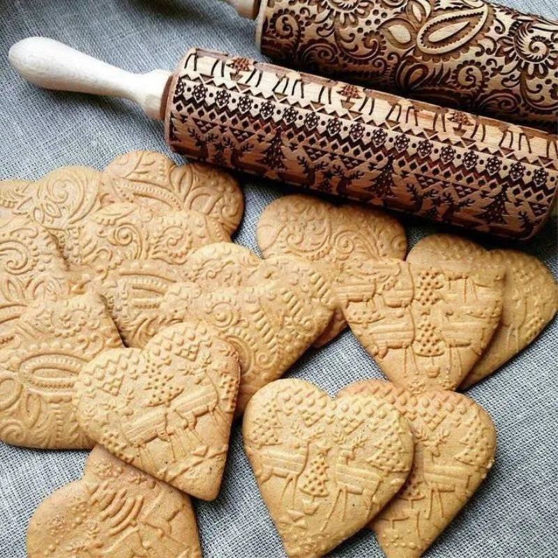 Rouleur à pâtisserie en bois rétro avec motifs gravés - Style européen