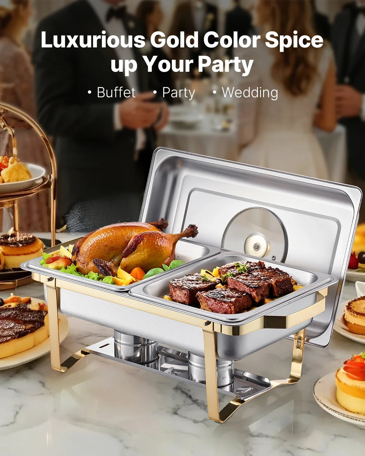 Chafing dish doré avec deux demi-bacs : volaille et viande grillée