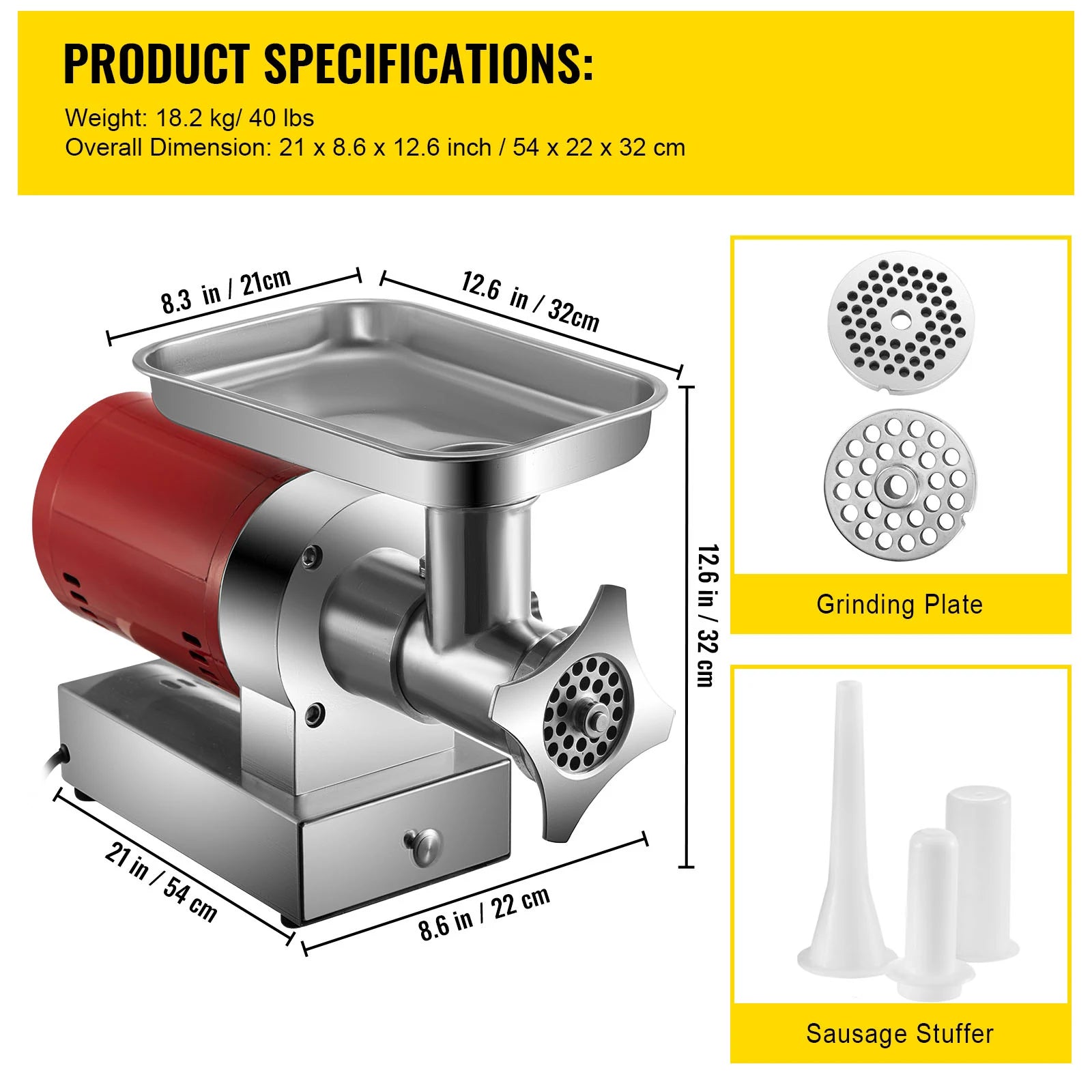 Hachoir à Viande Électrique 1 100 W — 300 kg/h, 2 Plaques + Kit Saucisse