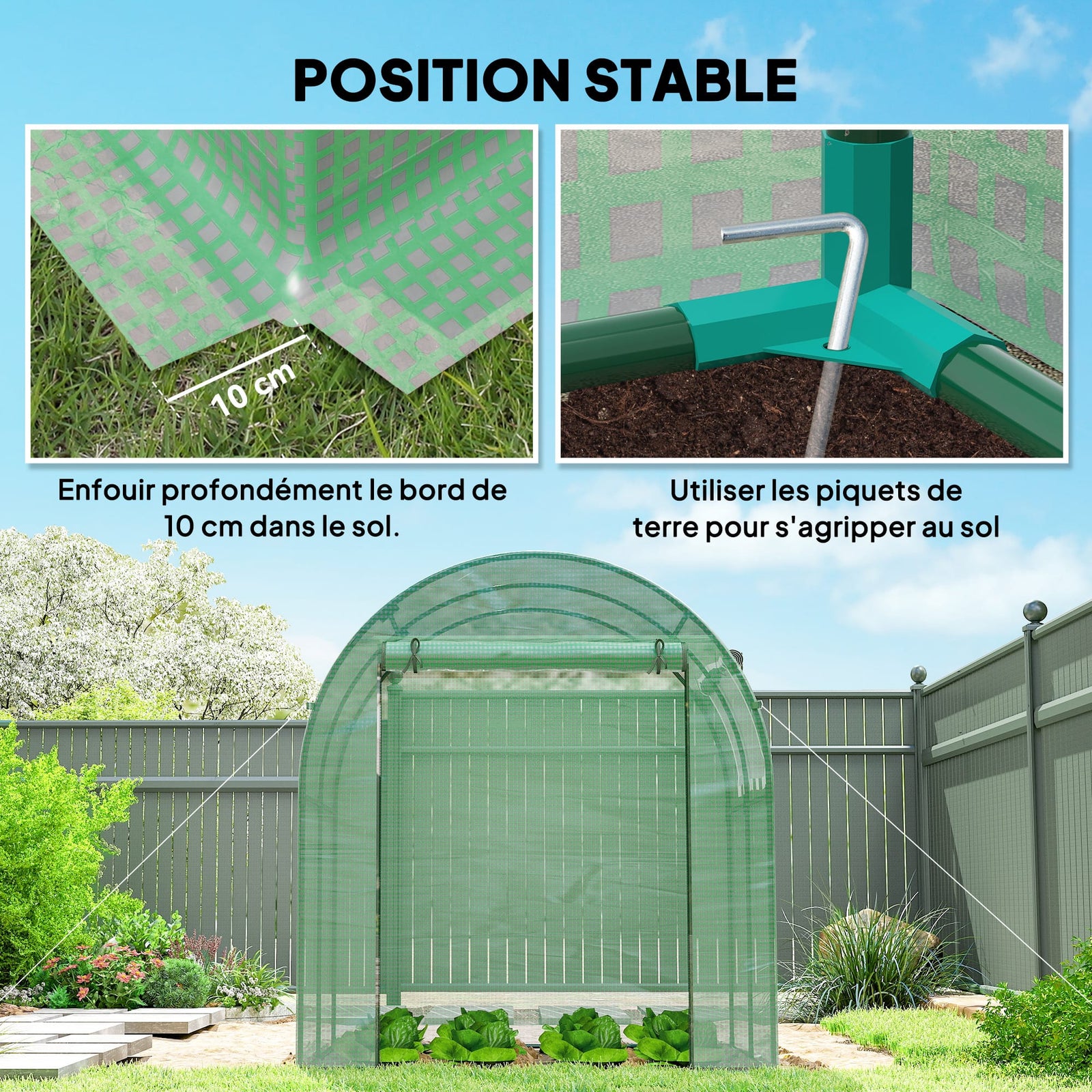 Serre de Jardin Tunnel 180 x 180 x 200 cm – Acier ; Bâche PE, Porte et Fenêtre Enroulables Serre de jardin