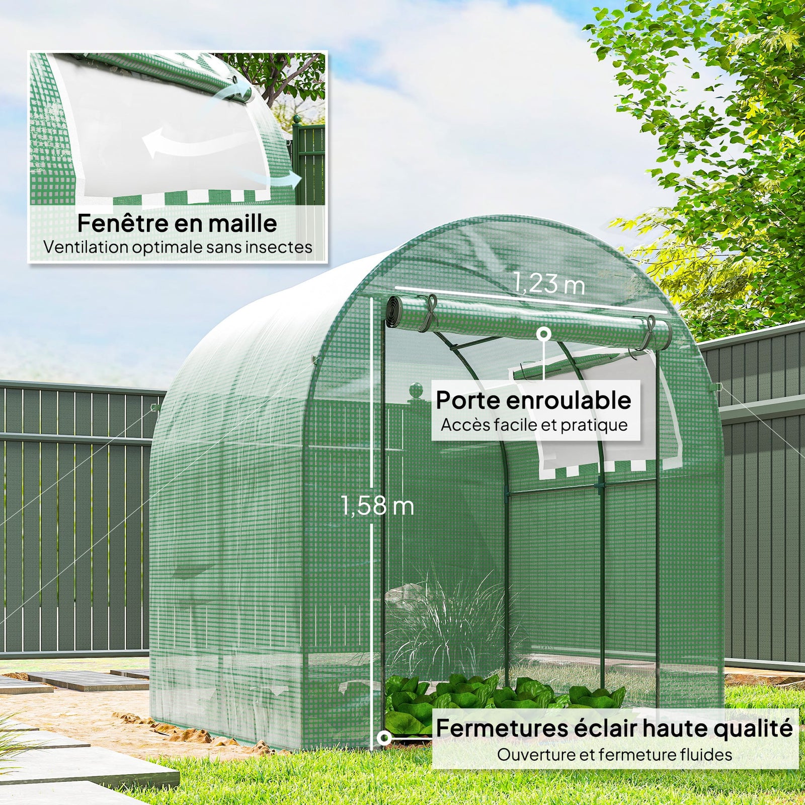 Serre de Jardin Tunnel 180 x 180 x 200 cm – Acier ; Bâche PE, Porte et Fenêtre Enroulables Serre de jardin