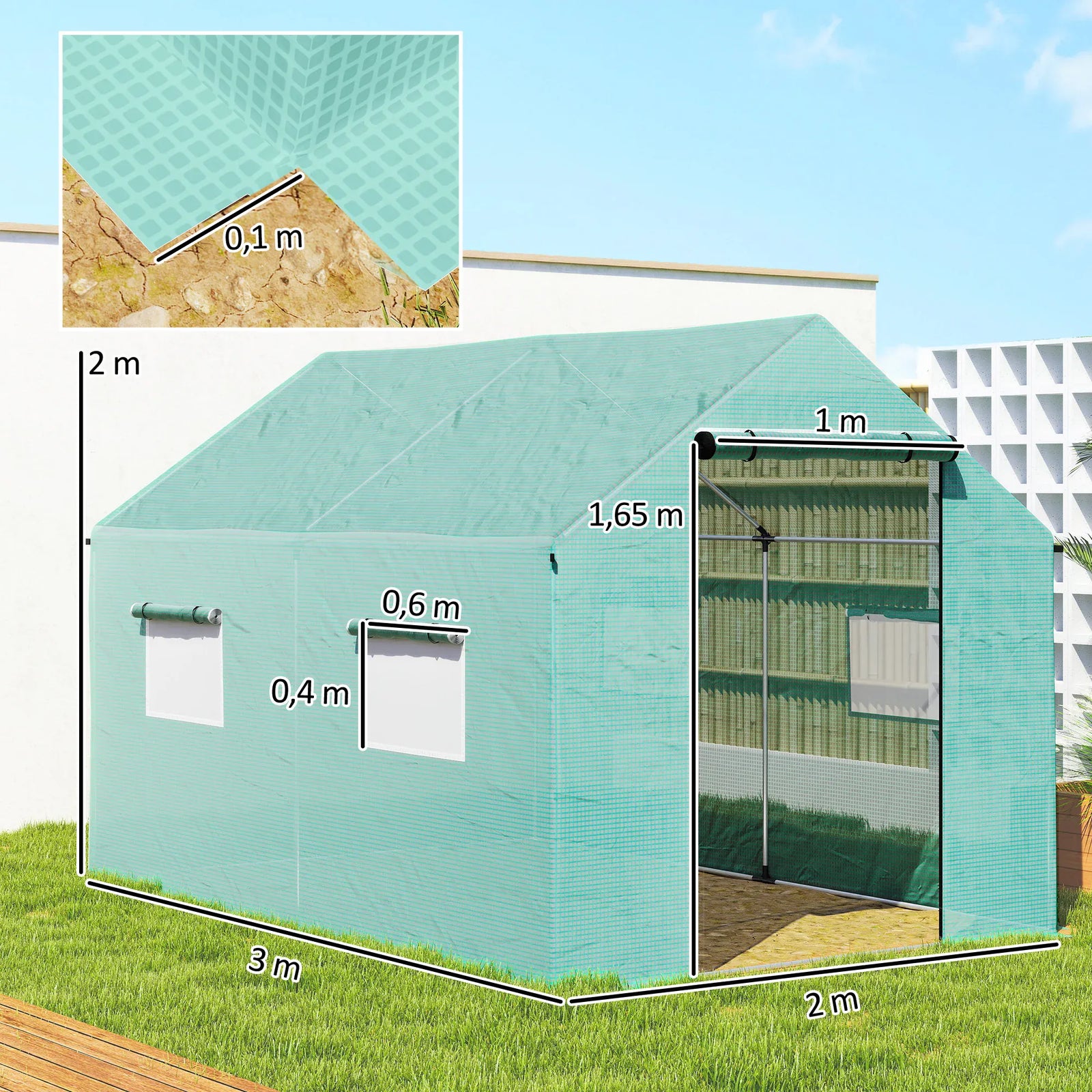Serre de Jardin Tunnel 6 m² (2 × 3 m) — Bâche PE Anti-UV, 4 Fenêtres, Porte Enroulable, Armature Acier Galvanisé Serre de jardin