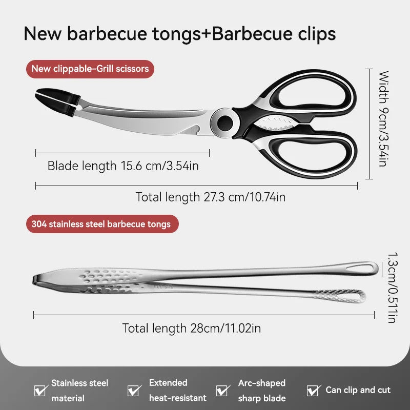 Ciseaux BBQ Multi-Fonctions Inox 304 avec Pince et Brosse Accessoire