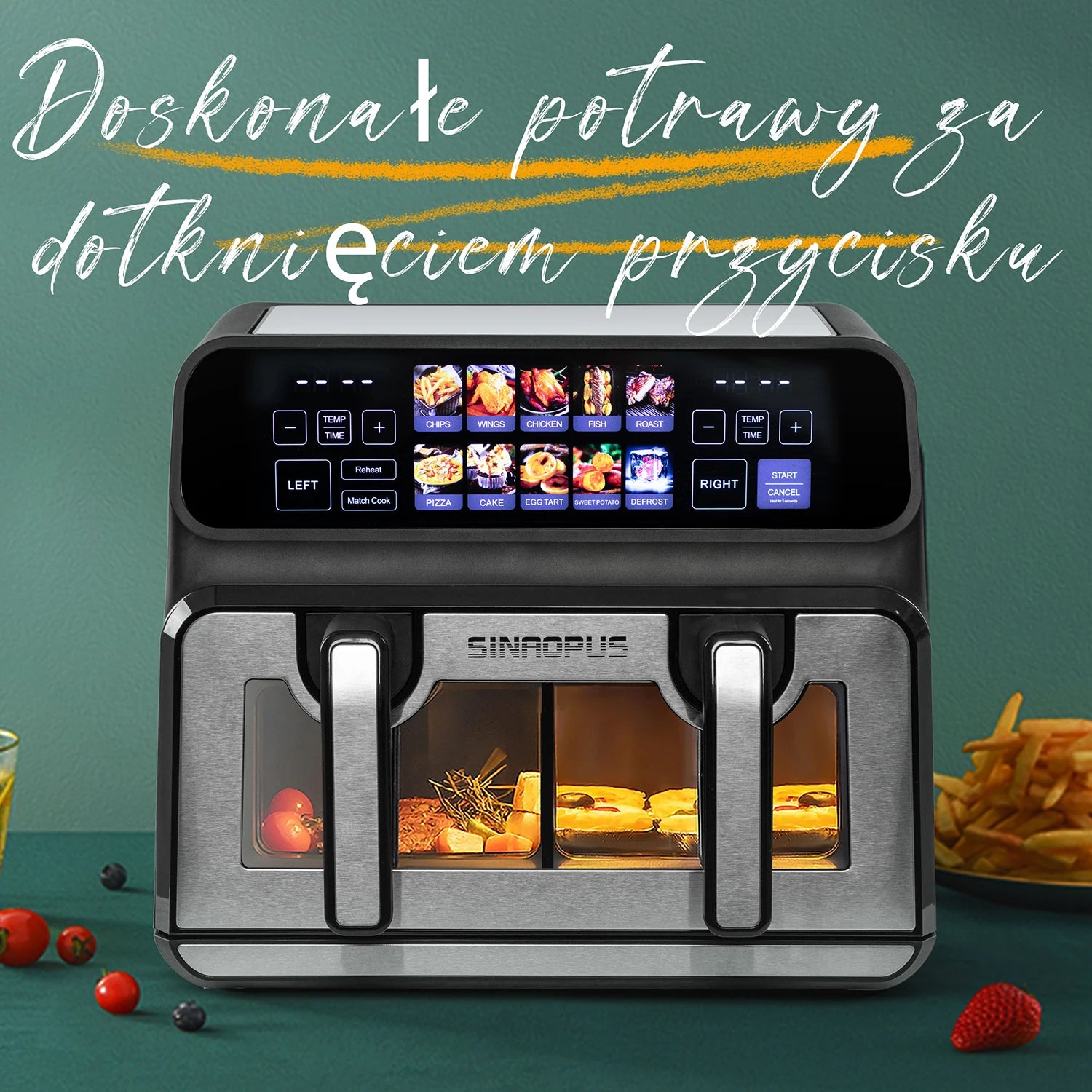 Air fryer 9 L 2200 W avec ses programmes illustrés sur l'écran