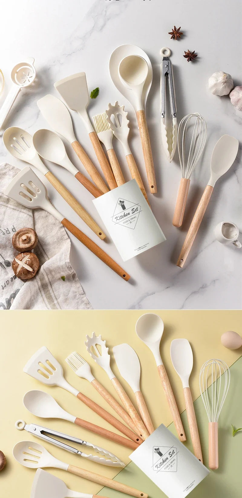 ustensiles en silicone pour cuisine avec poignées en bois