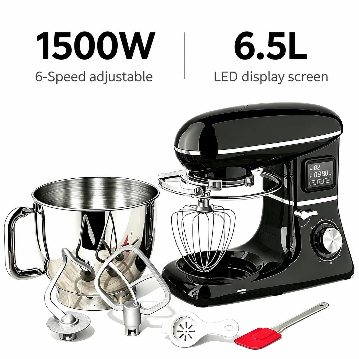 Robot pâtissier 1500 W 6,5 L avec bol et accessoires