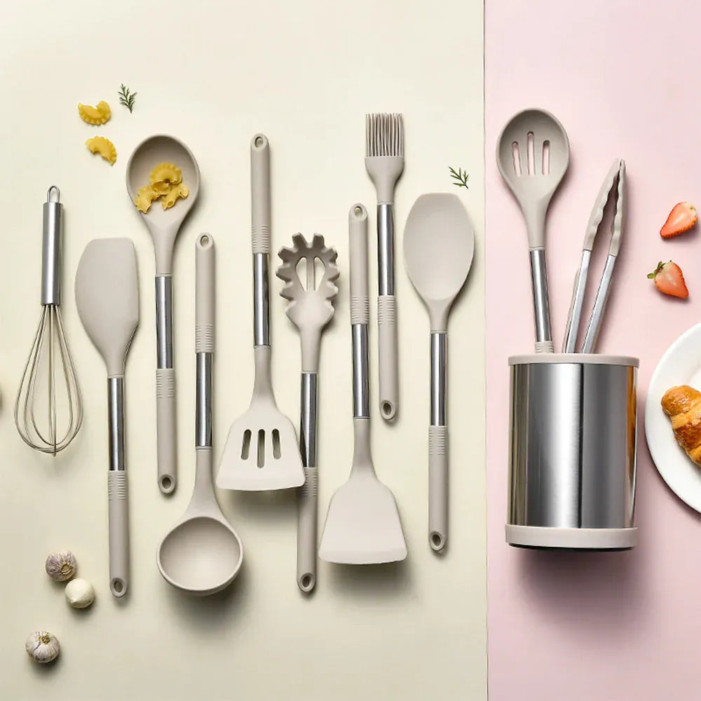 Set d'ustensiles de cuisine en silicone avec poignées en acier inoxydable
