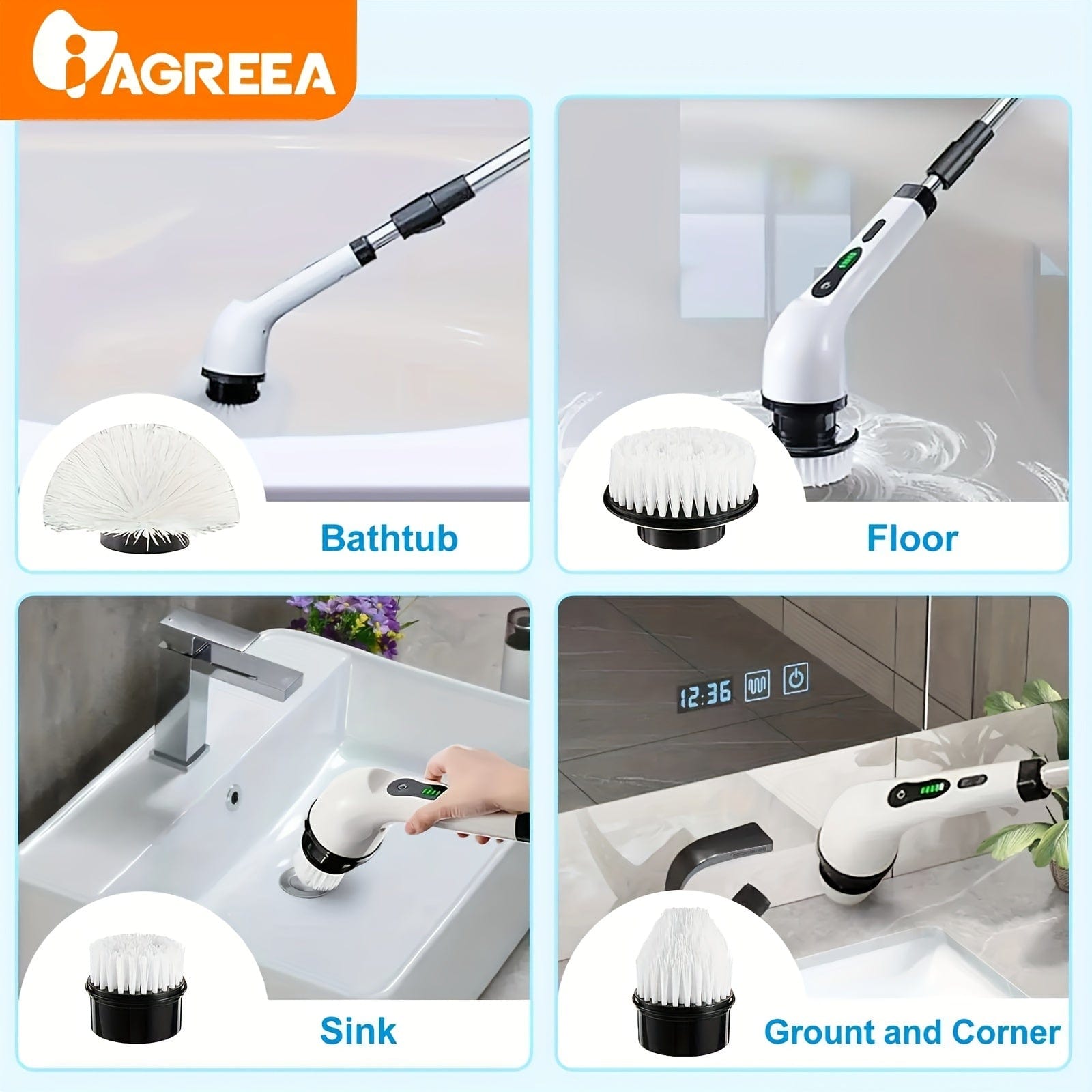 Brosse de Nettoyage Électrique sans Fil - 8 Têtes Remplaçables, Manche Extensible - Idéal pour Salle de Bain, Baignoire, Carrelage