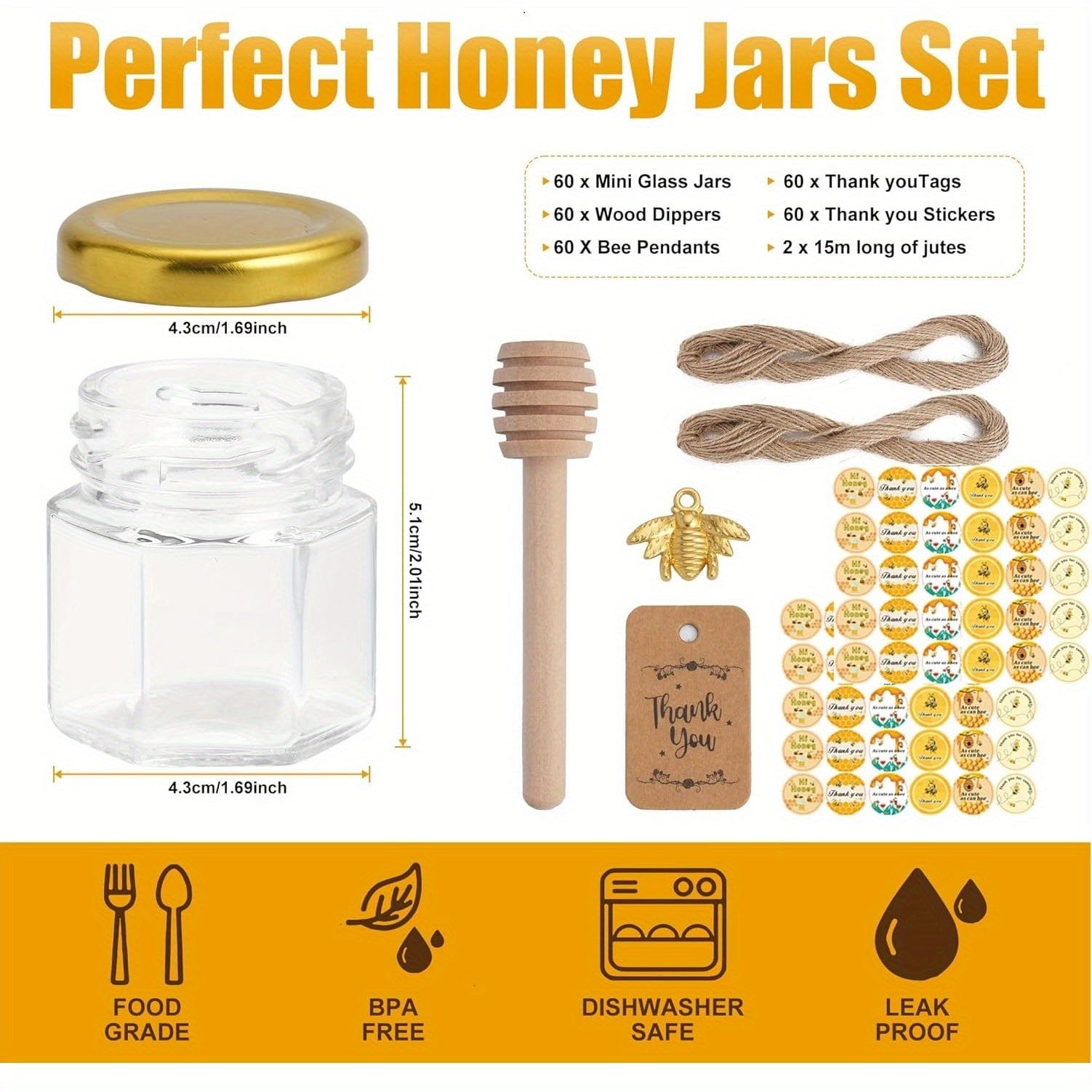 Ensemble de 60 pots en verre hexagonaux 1.5oz avec couvercles dorés - Baby Shower, Mariage, Favors & Gifts 60pcs