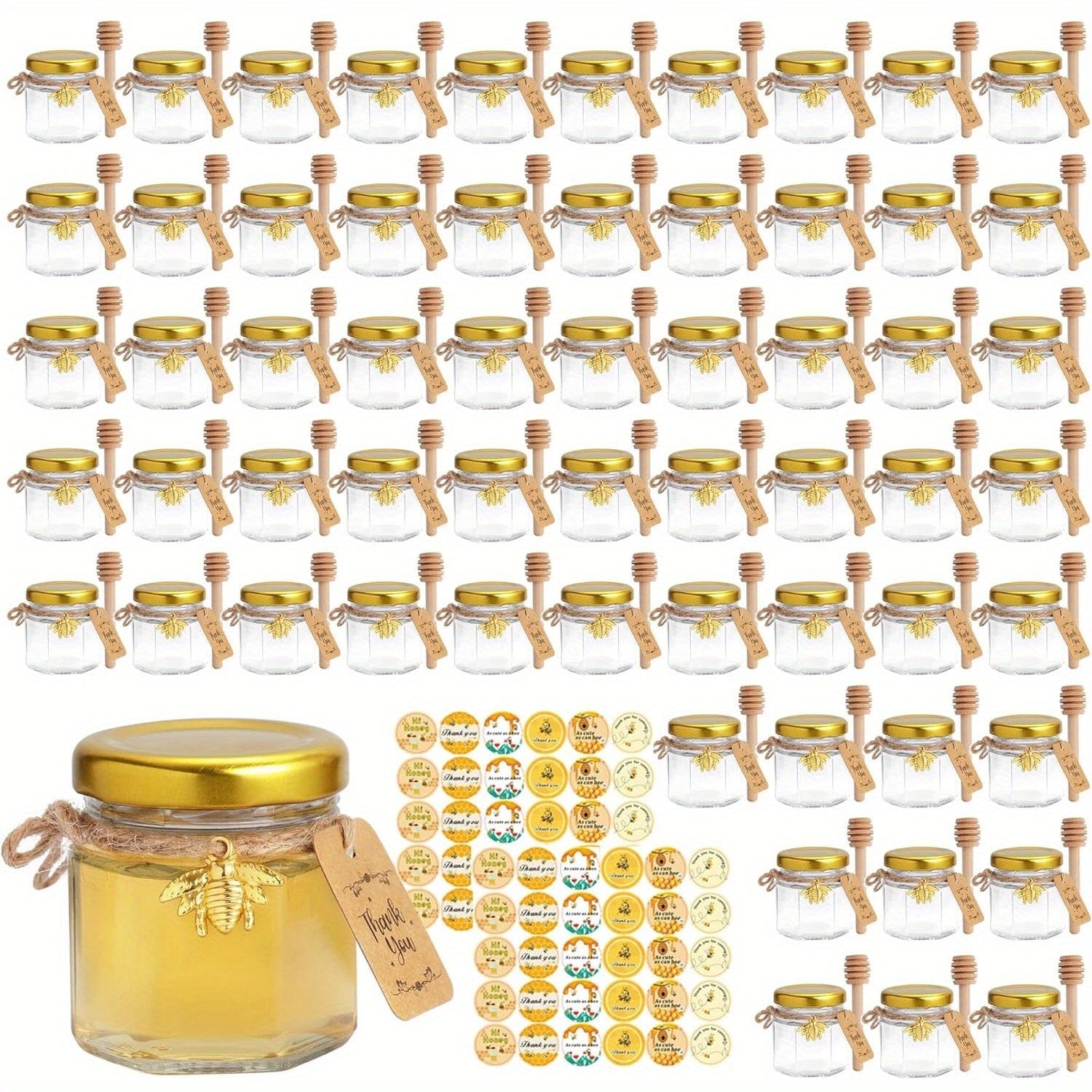 Ensemble de 60 pots en verre hexagonaux 1.5oz avec couvercles dorés - Baby Shower, Mariage, Favors & Gifts 60pcs
