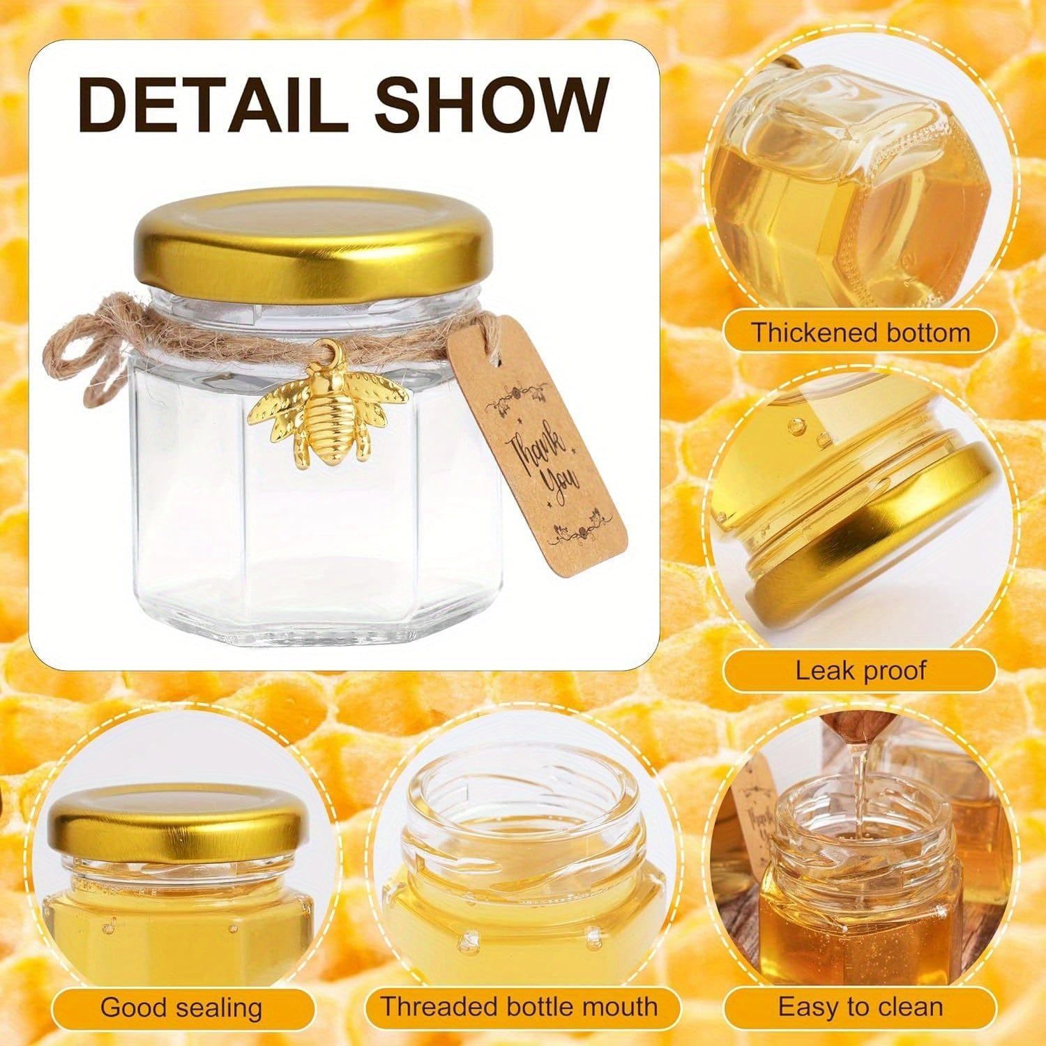 Ensemble de 60 pots en verre hexagonaux 1.5oz avec couvercles dorés - Baby Shower, Mariage, Favors & Gifts 60pcs