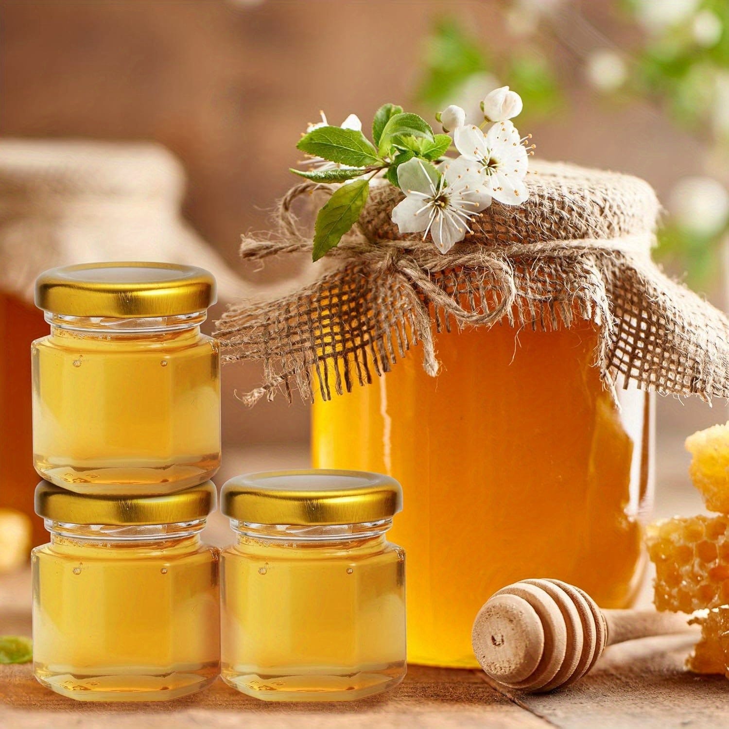 Ensemble de 60 pots en verre hexagonaux 1.5oz avec couvercles dorés - Baby Shower, Mariage, Favors & Gifts 60pcs