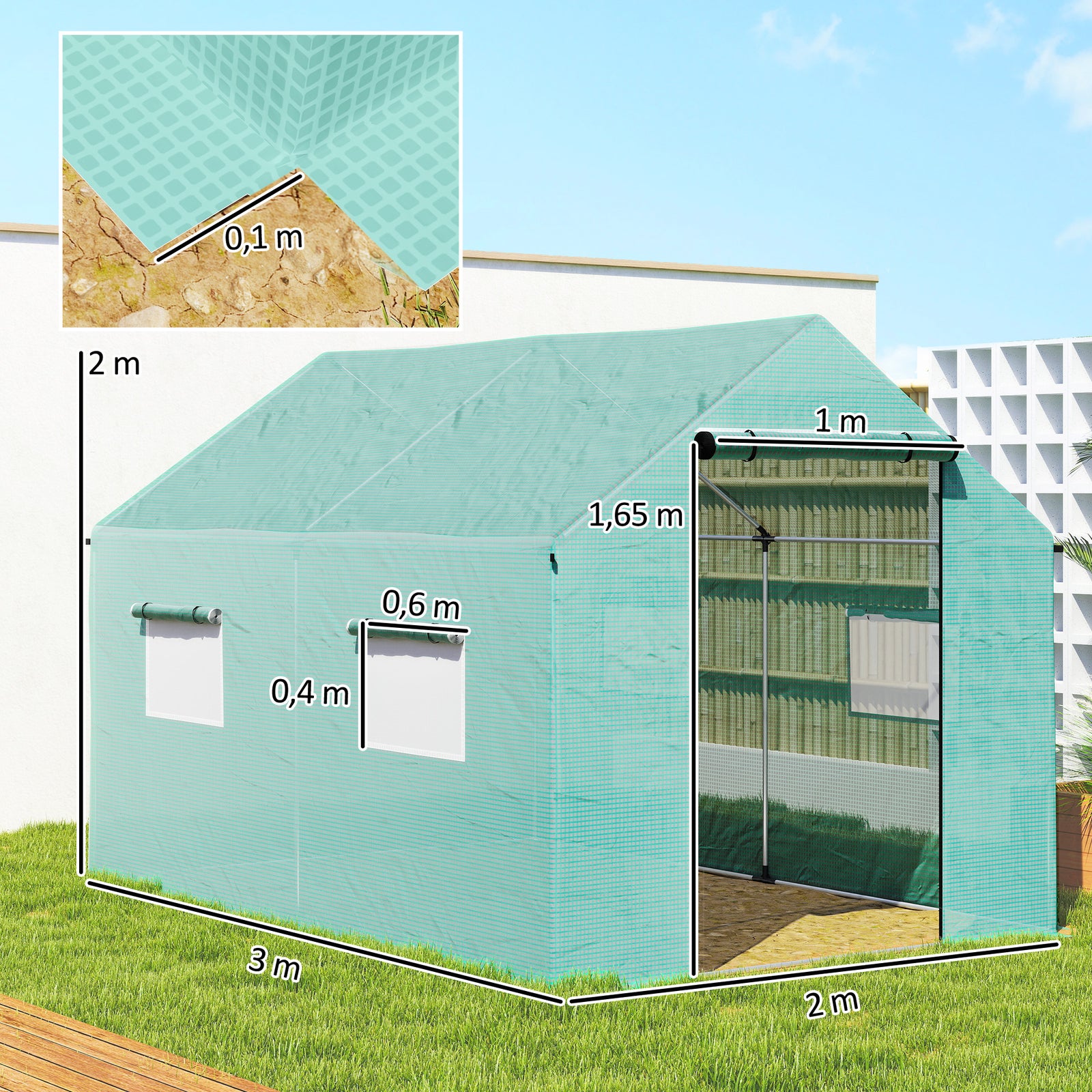 Serre de Jardin Tunnel 6 m² (2 × 3 m) — Bâche PE Anti-UV, 4 Fenêtres, Porte Enroulable, Armature Acier Galvanisé