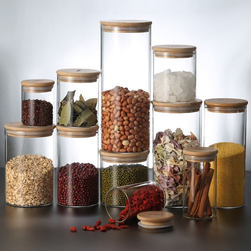 Lots de Bocaux en verre avec couvercles en bambou Lot de 10 (petits et grands)