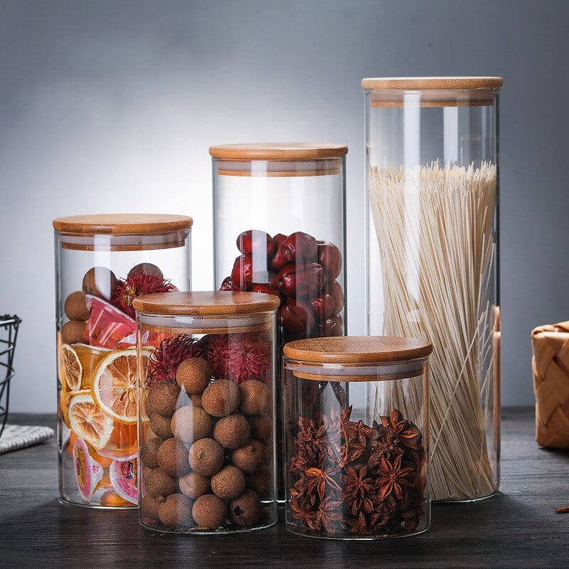 Lots de Bocaux en verre avec couvercles en bambou Lot de 5 grands bocaux