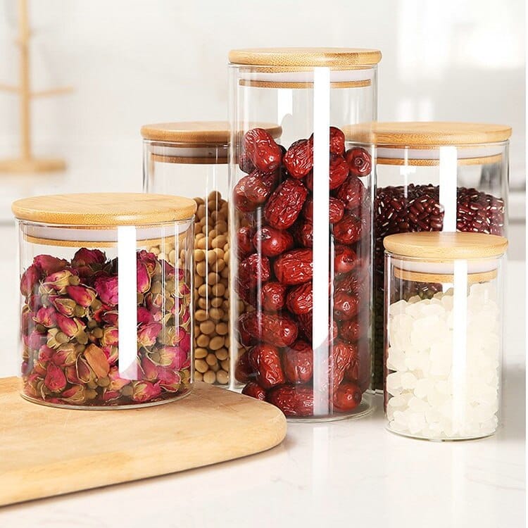Lots de Bocaux en verre avec couvercles en bambou Lot de 5 petits bocaux