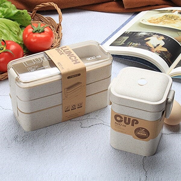 LunchBox Japonaise Multi-Compartiments avec Verre à Soupe Beige