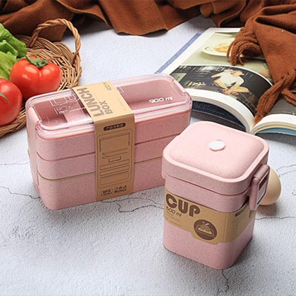 LunchBox Japonaise Multi-Compartiments avec Verre à Soupe Rose