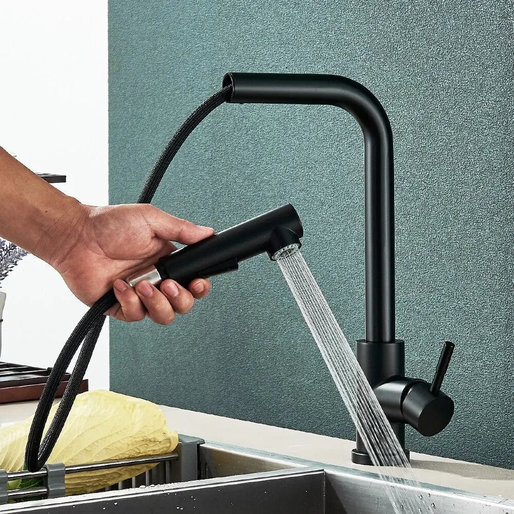Robinet de Cuisine Noir avec Bec Rétractable et 2 Modes de Jet - Mélangeur d'Eau Chaud et Froid en Acier Inoxydable